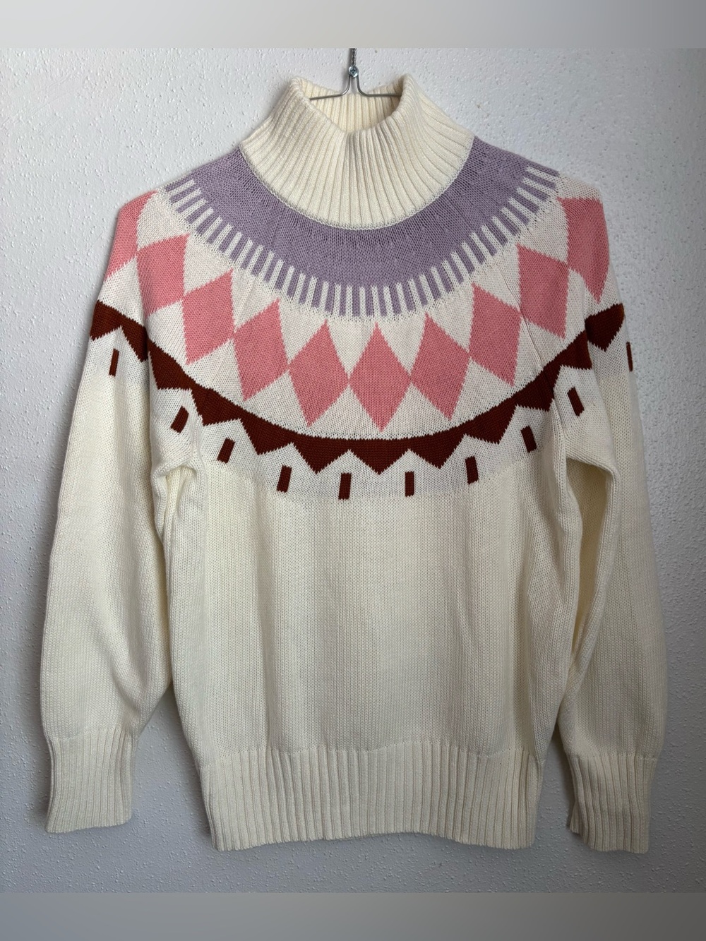 Cream Turtleneck Sweater with Pink & Lavender Fair Isle Yoke